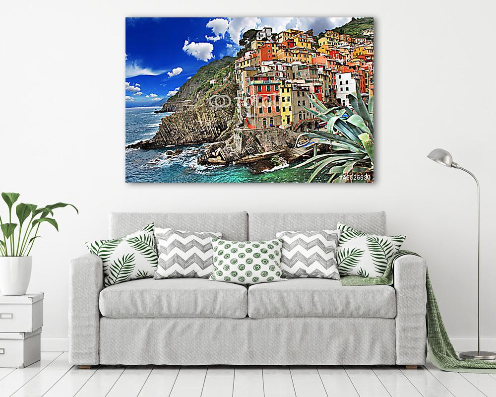 színpadi Olaszország. Riomaggiore falu, Cinque Terre (többrészes kép) - vászonkép, falikép otthonra és irodába