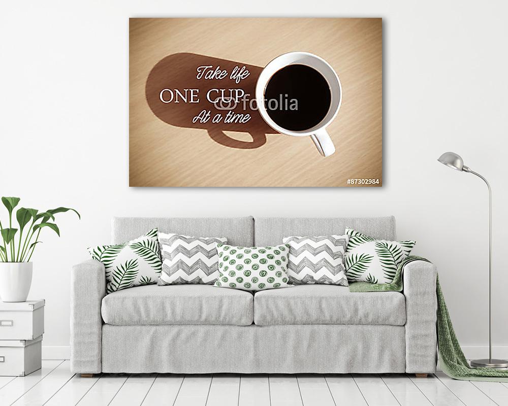 Idézet kávéscsészével a fa háttérén - vászonkép, falikép vásárlás Idézet kávéscsészével a fa háttérén (vászonkép) - vászonkép, falikép otthonra és irodába