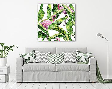 Banán pálma és flamingók (vászonkép) - vászonkép, falikép otthonra és irodába