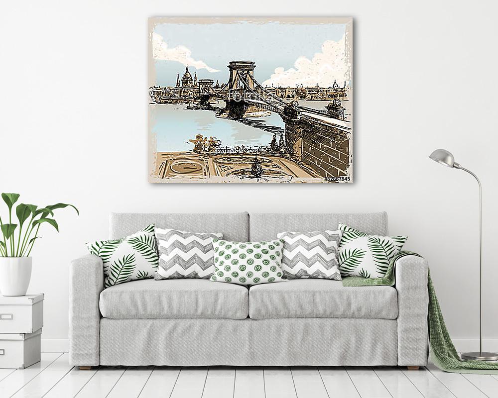 Vintage Hand Drawn View of Lions Bridge in Budapest (bögre) - vászonkép, falikép otthonra és irodába
