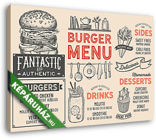 Burger restaurant menu. Vector food flyer for bar and cafe. Desi - vászonkép 3D látványterv