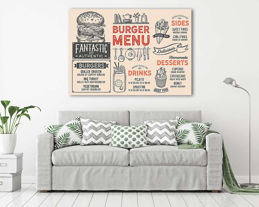 Burger restaurant menu. Vector food flyer for bar and cafe. Desi - vászonkép, falikép vásárlás Burger restaurant menu. Vector food flyer for bar and cafe. Desi (vászonkép) - vászonkép, falikép otthonra és irodába