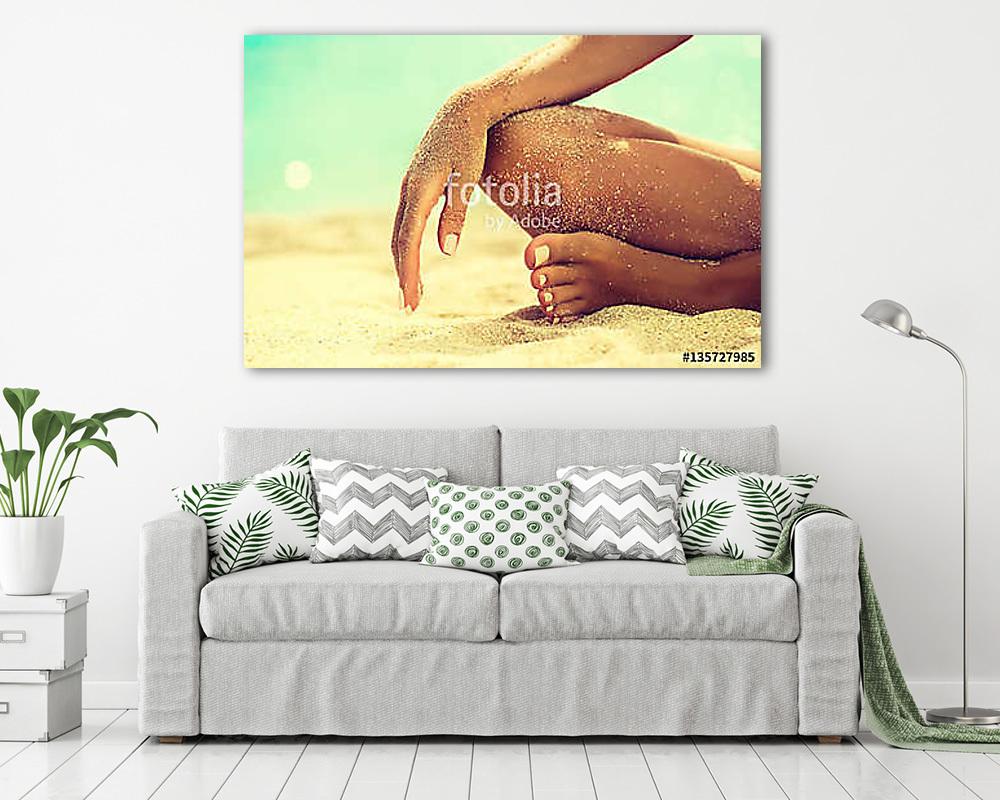 Woman In Relaxation On Tropical Beach with sand , body parts . T - vászonkép, falikép vásárlás Woman In Relaxation On Tropical Beach with sand , body parts . T (vászonkép) - vászonkép, falikép otthonra és irodába