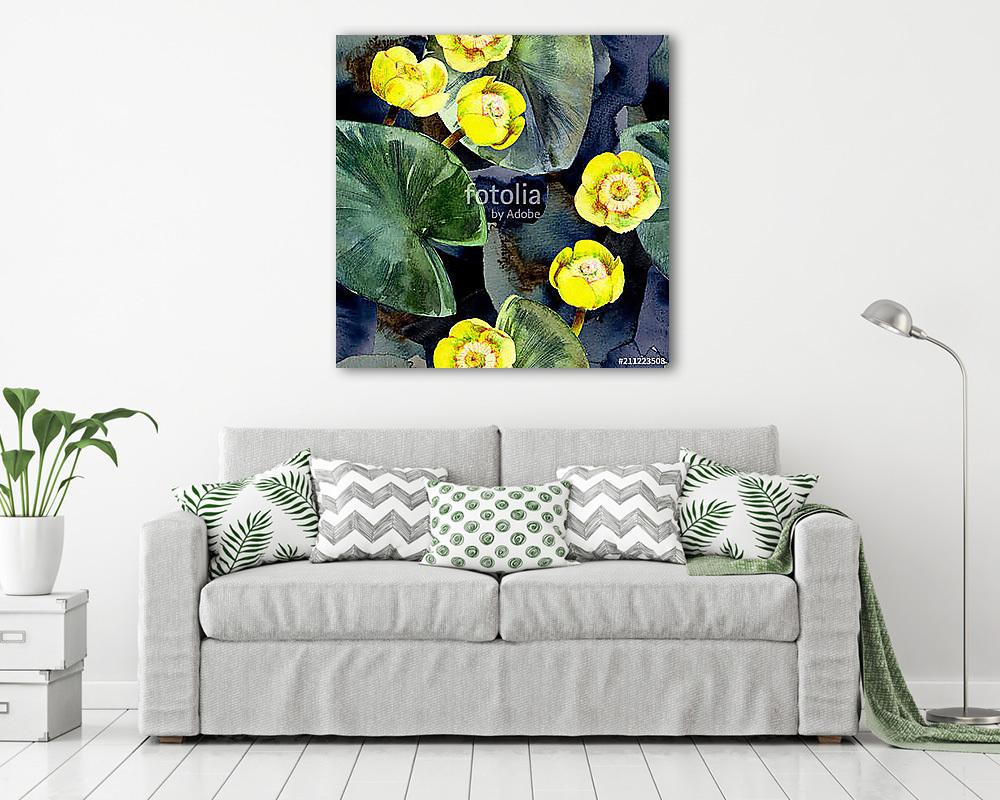 Seamless watercolor pattern of yellow water lilies and leaves. - vászonkép, falikép vásárlás Seamless watercolor pattern of yellow water lilies and leaves. (keretezett kép) - vászonkép, falikép otthonra és irodába