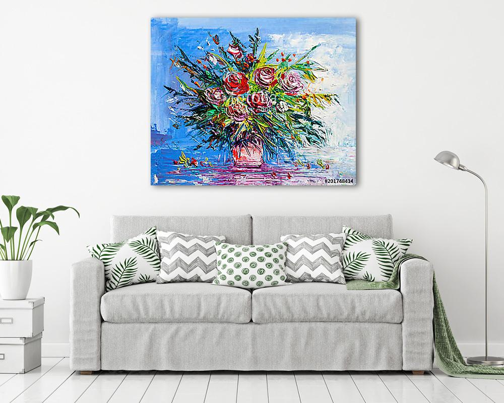 Absztrakt virágok vázában kék háttérrel(olajfestmény reprodukció) (fotótapéta) - vászonkép, falikép otthonra és irodába