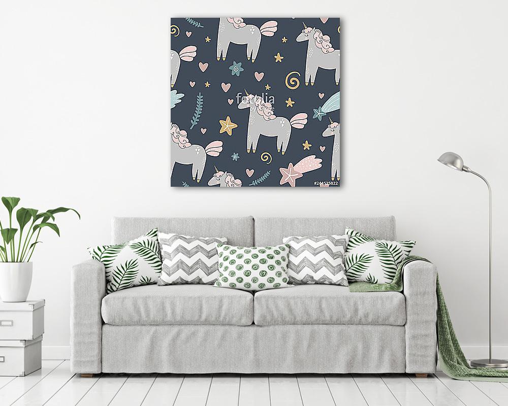 Unikornisok fekete háttérrel tapétaminta (vászonkép) - vászonkép, falikép otthonra és irodába