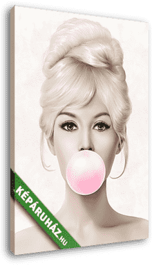 Brigitte Bardot rózsaszín rágógumit fúj, színes (3:4 arány) - vászonkép 3D látványterv