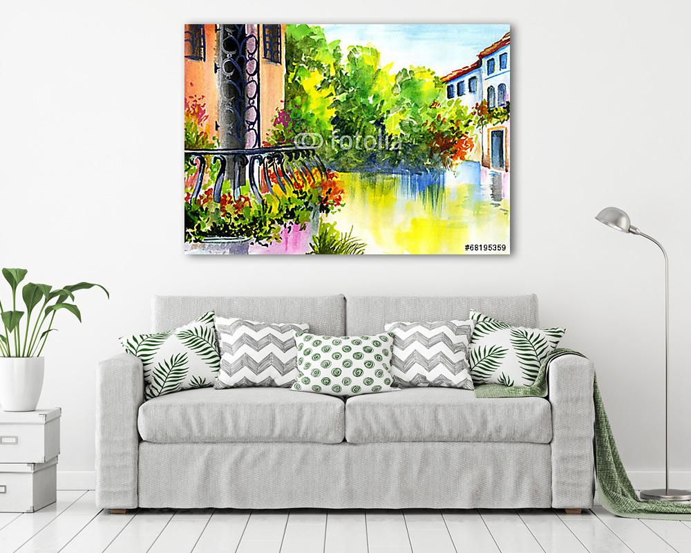 vízfestmény - virág a ház közelében (fotótapéta) - vászonkép, falikép otthonra és irodába