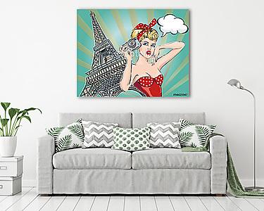 Pop Art, Eiffel torony és vörös ruhás nő (vászonkép) - vászonkép, falikép otthonra és irodába