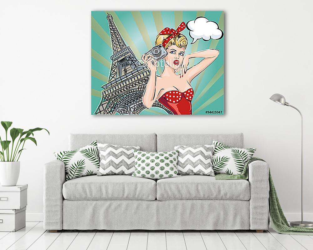 Pop Art, Eiffel torony és vörös ruhás nő (fotótapéta) - vászonkép, falikép otthonra és irodába