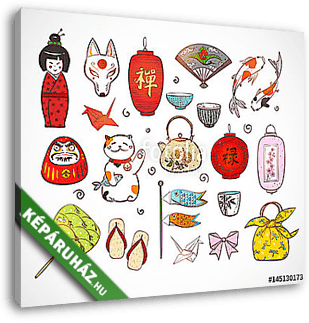Japán színes doodle vázlatelemek. Szimbólumok Japánban. - vászonkép 3D látványterv