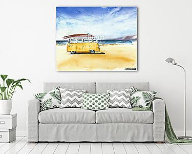 Sárga hippi busz a tengerparton (vászonkép) - vászonkép, falikép otthonra és irodába