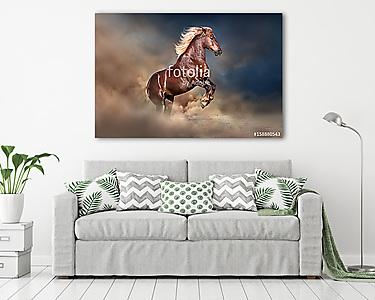 Vörös ló, hosszú szőke sörényrel, amely felemelkedik a porba  (vászonkép) - vászonkép, falikép otthonra és irodába
