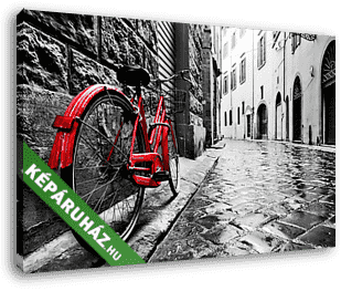 Retro piros bicikli a macskaköves utcán - vászonkép 3D látványterv