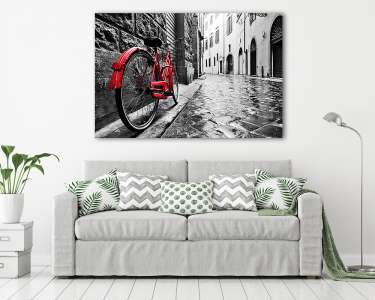 Retro piros bicikli a macskaköves utcán (vászonkép) - vászonkép, falikép otthonra és irodába