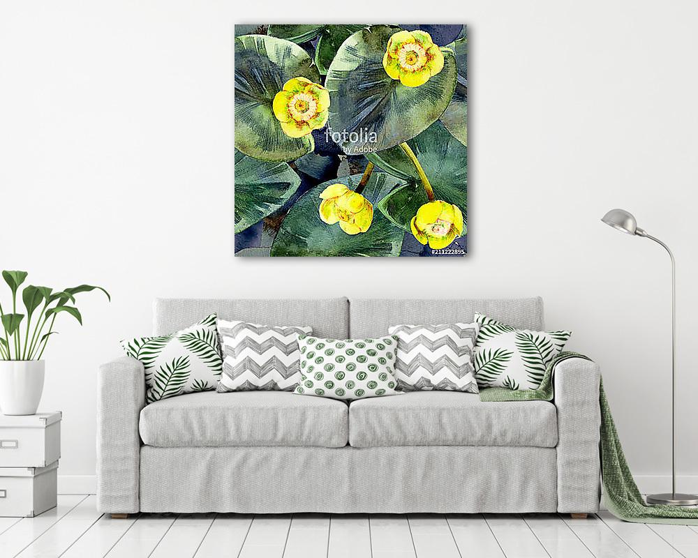 Seamless watercolor pattern of yellow water lilies and leaves. (keretezett kép) - vászonkép, falikép otthonra és irodába