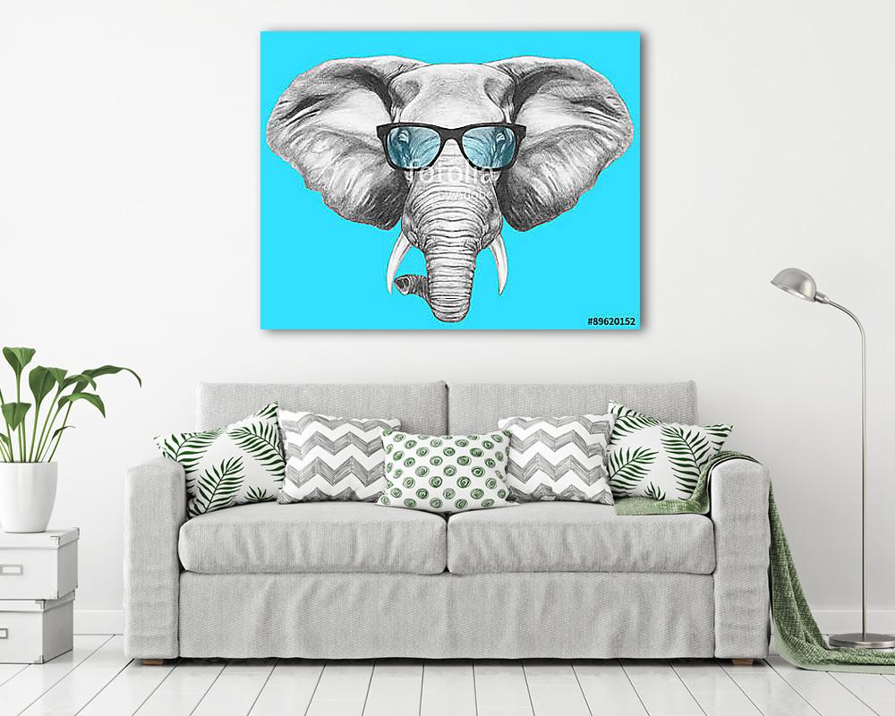 Portrait of Elephant with glasses. Hand drawn illustration. (bögre) - vászonkép, falikép otthonra és irodába