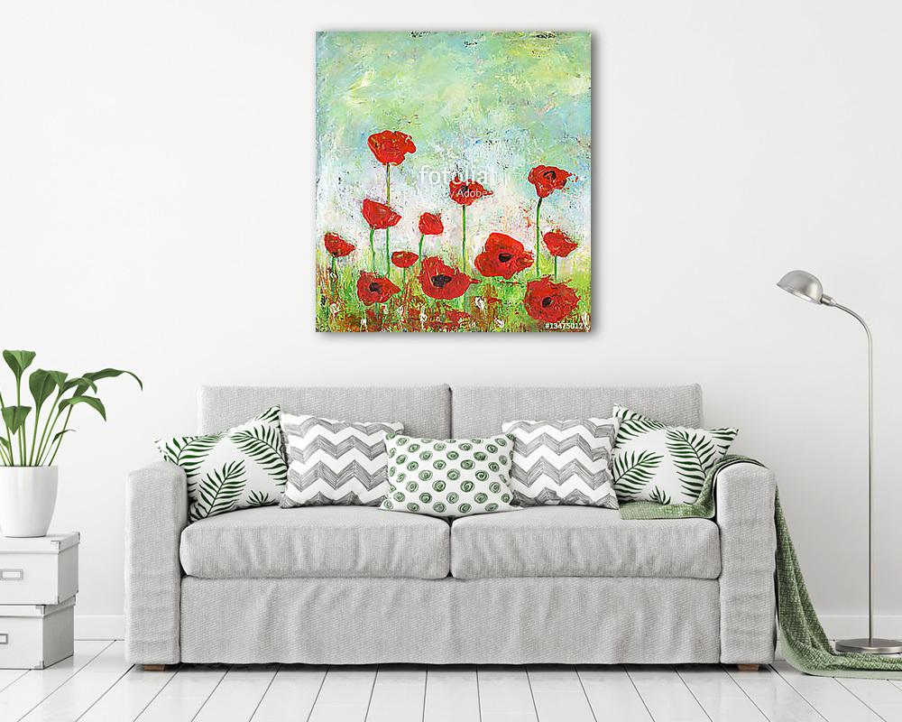 Poppies Field - Acrylic painting of an abstract poppies field.  (fotótapéta) - vászonkép, falikép otthonra és irodába