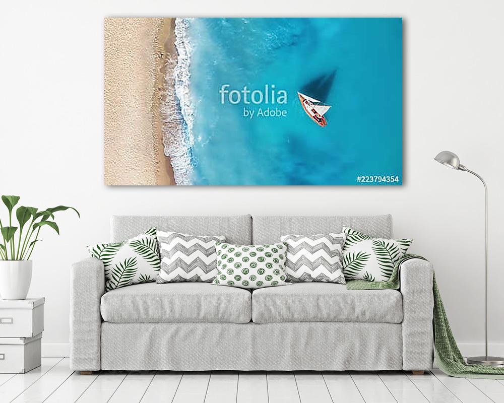 Yacht on the water surface from top view. Turquoise water background from top view. Summer seascape from air. Travel concept and (többrészes kép) - vászonkép, falikép otthonra és irodába