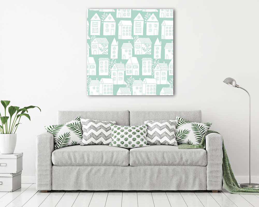 Rajzolt házak zöld háttérrel tapétaminta (keretezett kép) - vászonkép, falikép otthonra és irodába