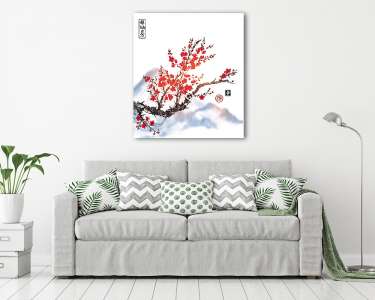 Keleti sakura cseresznyefa virágban fehér alapon (vászonkép) - vászonkép, falikép otthonra és irodába