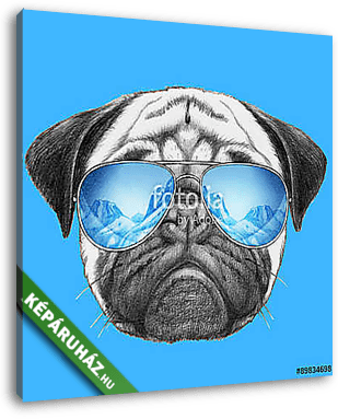 Portrait of Pug Dog with mirror sunglasses. Hand drawn illustrat - vászonkép 3D látványterv