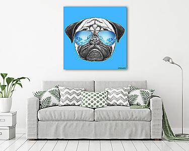 Portrait of Pug Dog with mirror sunglasses. Hand drawn illustrat (vászonkép) - vászonkép, falikép otthonra és irodába