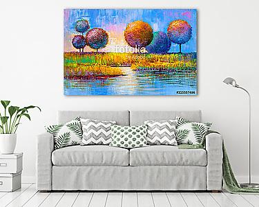Absztrakt színes mesebeli erdő folyónál (olajfestmény reprodukció) (vászonkép) - vászonkép, falikép otthonra és irodába