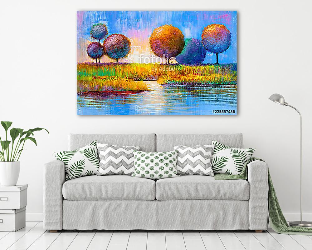 Absztrakt színes mesebeli erdő folyónál (olajfestmény reprodukció) - vászonkép, falikép vásárlás Absztrakt színes mesebeli erdő folyónál (olajfestmény reprodukció) (fotótapéta) - vászonkép, falikép otthonra és irodába