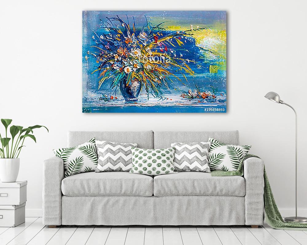 Százszorszép virágcsokor kék vázában (olajfestmény reprodukció) (keretezett kép) - vászonkép, falikép otthonra és irodába