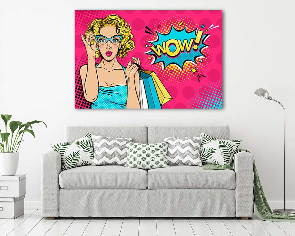 WOW Pop Art - Szőke nő titkárnő szemüvegben és bevásárló táskákkal (fotótapéta) - vászonkép, falikép otthonra és irodába