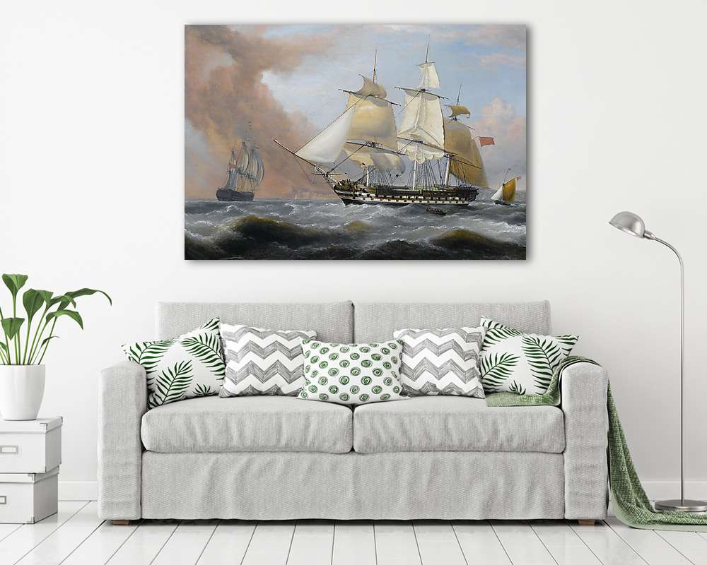 A Kelet-indiai Társaság hajója Dover fehér szikláival a háttérben (keretezett kép) - vászonkép, falikép otthonra és irodába
