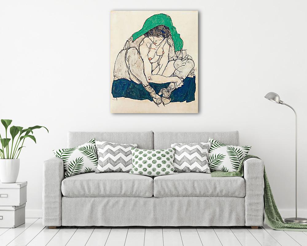 Összekuporodó nő zöld fejkendővel - vászonkép, falikép vásárlás Összekuporodó nő zöld fejkendővel (bögre) - vászonkép, falikép otthonra és irodába