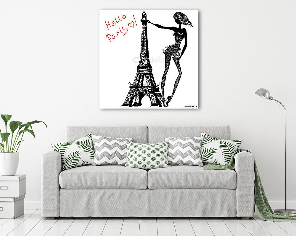 Hello, Párizs. Divat lány az Eiffel-torony közelében (bögre) - vászonkép, falikép otthonra és irodába
