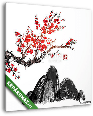 Sakura cseresznyefa virágban és fekete dombokban. Hagyományos or - vászonkép 3D látványterv