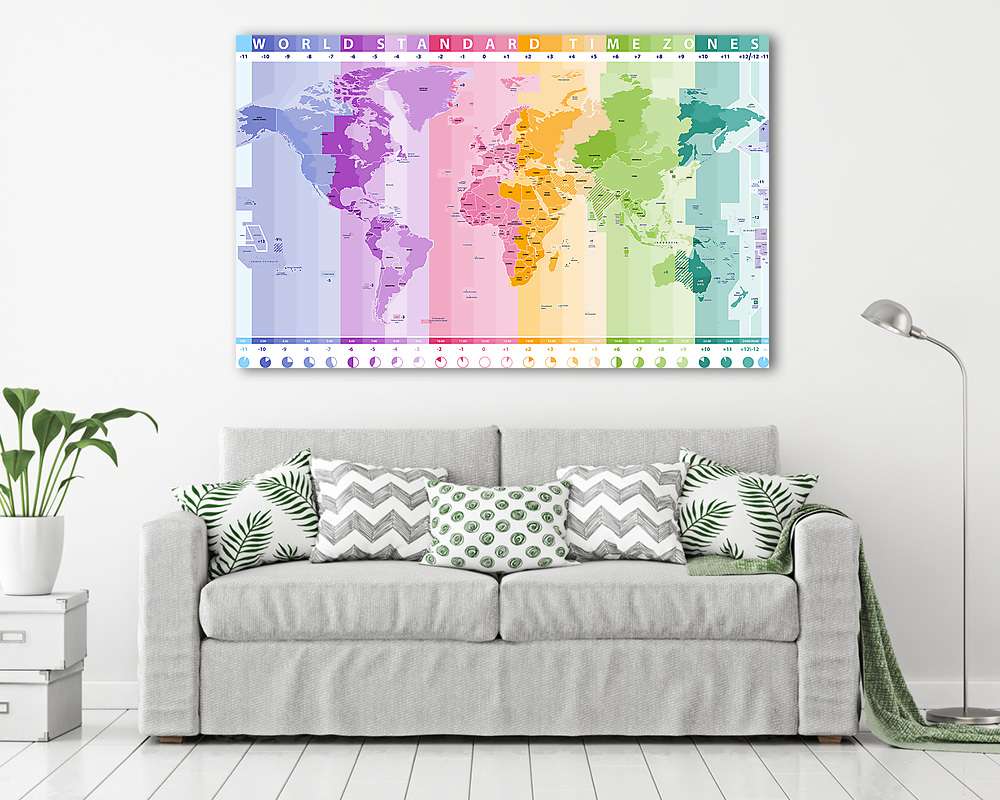 Világtérkép, időzónákkal - vászonkép, falikép vásárlás Világtérkép, időzónákkal (vászonkép) - vászonkép, falikép otthonra és irodába