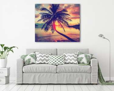 Magnificent beautiful bright tropical sunset, sun, palm tree, sa (vászonkép) - vászonkép, falikép otthonra és irodába