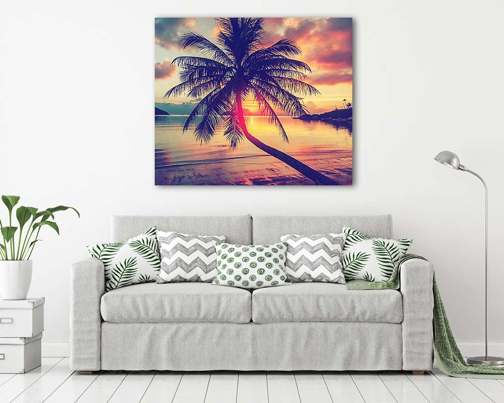 Magnificent beautiful bright tropical sunset, sun, palm tree, sa (többrészes kép) - vászonkép, falikép otthonra és irodába