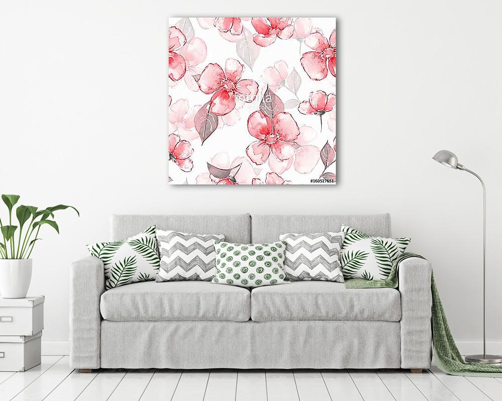 Floral seamless pattern. Watercolor background with red flowers  - vászonkép, falikép vásárlás Floral seamless pattern. Watercolor background with red flowers  (keretezett kép) - vászonkép, falikép otthonra és irodába
