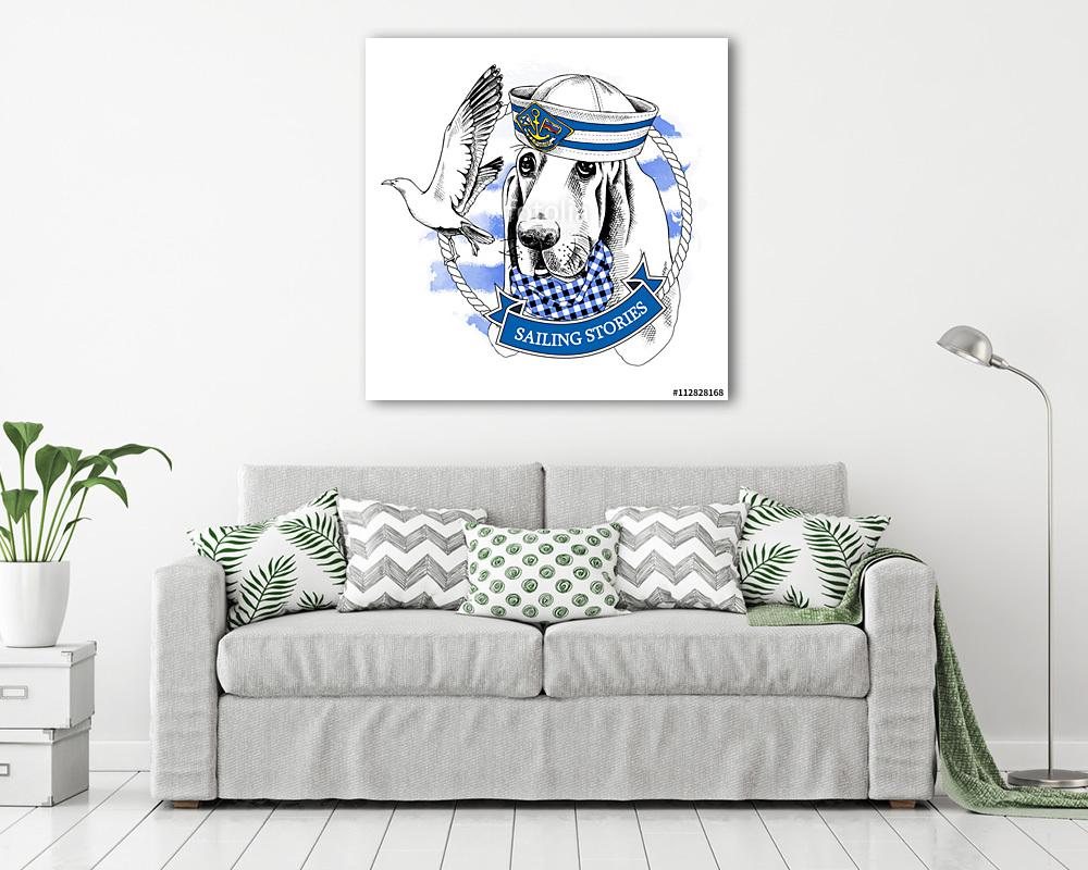 Dog Basset Hound portrait in a sailor's cap and with seagull. Ve (vászonkép) - vászonkép, falikép otthonra és irodába