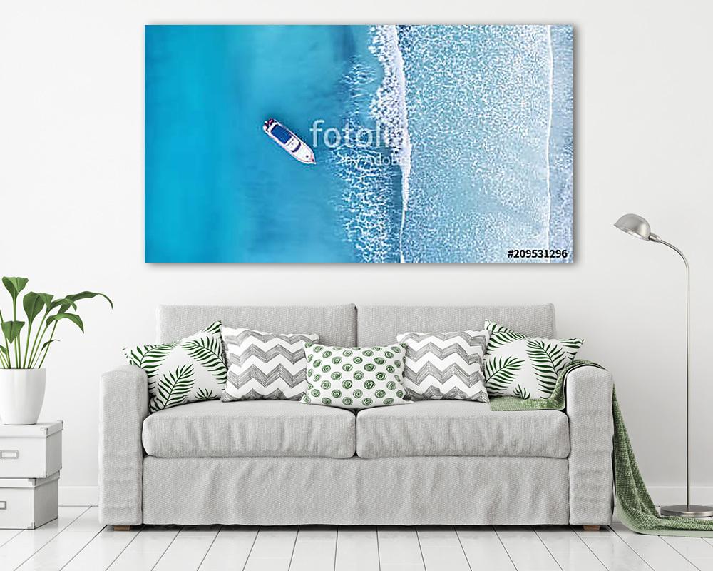 Wave and boat on the beach as a background. Beautiful natural background at the summer time from air (többrészes kép) - vászonkép, falikép otthonra és irodába