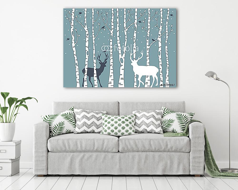 nyírfák szarvasokkal, vektoros háttérrel (poszter) - vászonkép, falikép otthonra és irodába