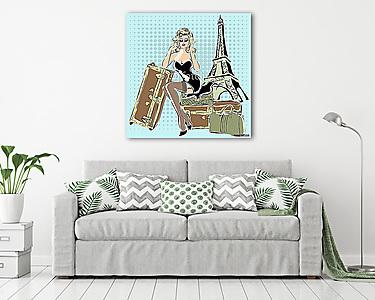Gyönyörű pin-up nő ül a bőröndök közelében Eiffel Tower Pa (vászonkép) - vászonkép, falikép otthonra és irodába