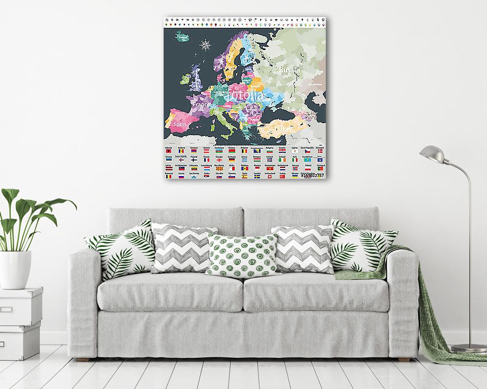 Európa térképe a régiók határain át színezett országokkal. Zászl (keretezett kép) - vászonkép, falikép otthonra és irodába