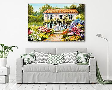 Mediterrán ház sok virággal (olajfestmény reprodukció) (vászonkép) - vászonkép, falikép otthonra és irodába