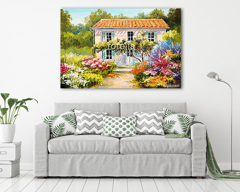 Mediterrán ház sok virággal (olajfestmény reprodukció) - vászonkép, falikép vásárlás Mediterrán ház sok virággal (olajfestmény reprodukció) (vászonkép) - vászonkép, falikép otthonra és irodába