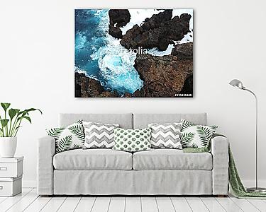 Aerial top view of sea waves hitting rocks on Tenerife, Canary i (vászonkép) - vászonkép, falikép otthonra és irodába