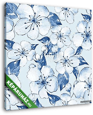 Floral seamless pattern 8. Blue watercolor background with white - vászonkép 3D látványterv