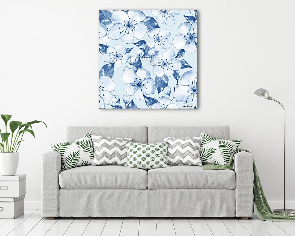 Floral seamless pattern 8. Blue watercolor background with white (fotótapéta) - vászonkép, falikép otthonra és irodába