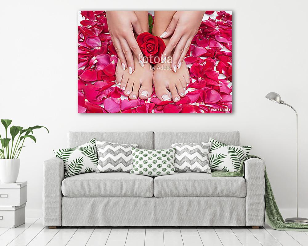 Beautiful woman's hands and legs with red rose petals (vászonkép) - vászonkép, falikép otthonra és irodába